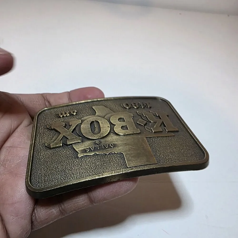 Vintage KBOX 1480 AM radio station Dallas Tx brass belt buckle Rectangle